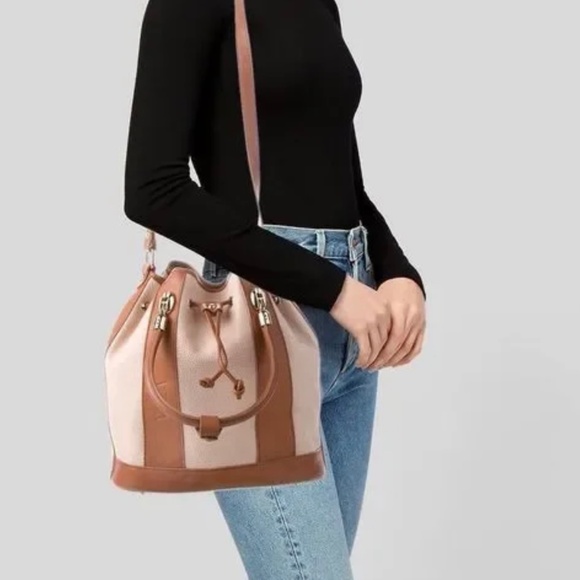 Vallintina Carraro leather brown & cream striped bucket bag. 82